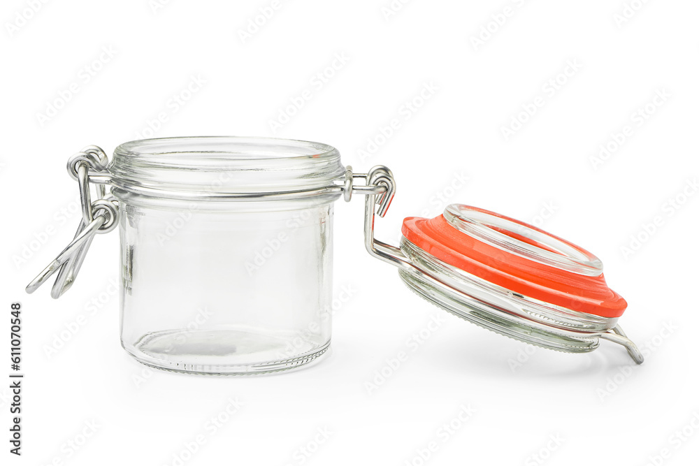 Stylish glass jar isolated on white background