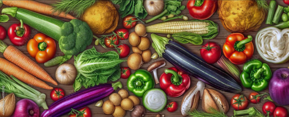 Vegetables arranged on a wooden table. Top view. Generative A.I.