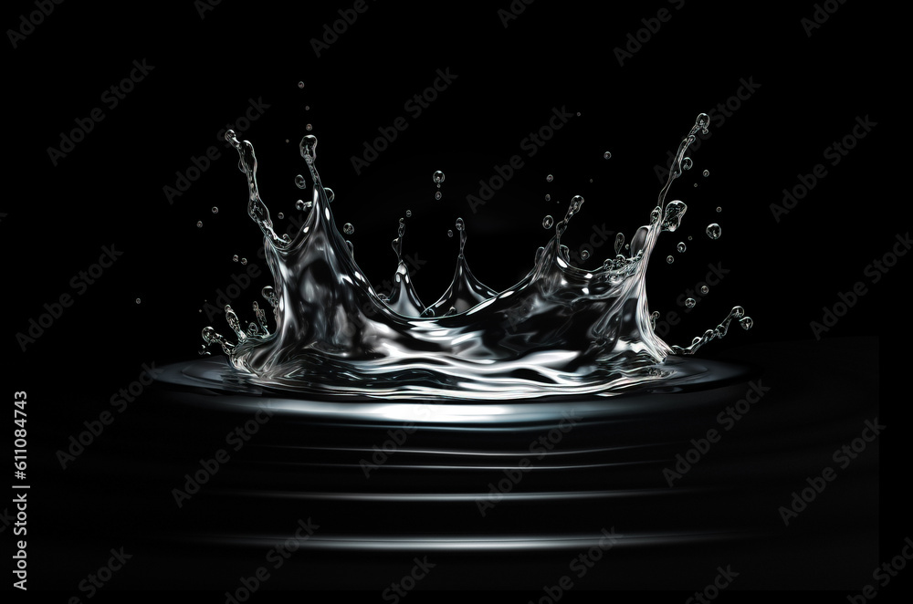 Water crown splash close up on black background. Generative A.I.