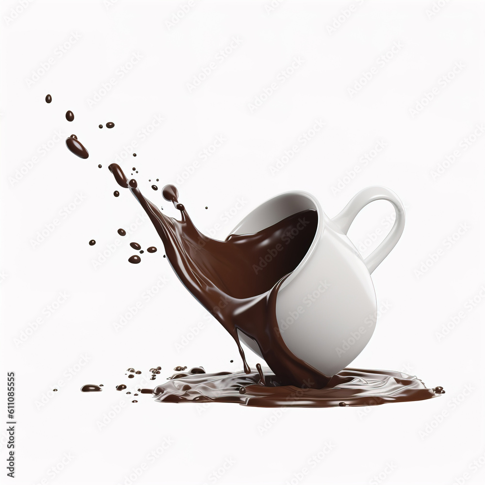 liquid chocolate, splashing and dripping to a pool of chocolate on the floor. Generative A.I.