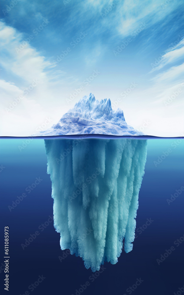 Iceberg in the sea with both the above-water and underwater sides visible. Generative A.I..