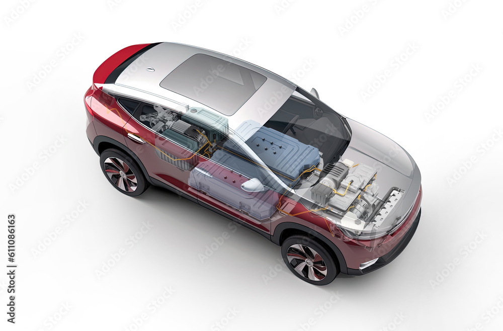 Electric generic car technical cutaway EV system. (body Generative A.I.)