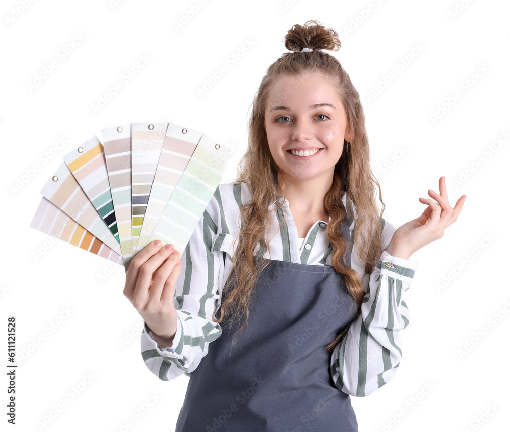 Female artist with paint color palettes on white background