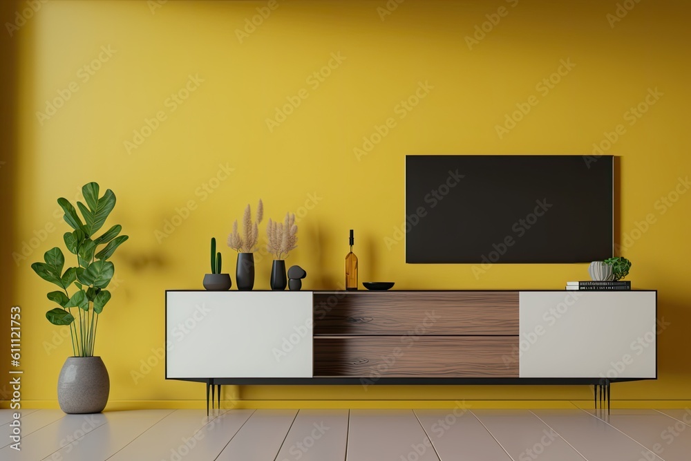 cozy living room featuring yellow walls and a television. Generative AI