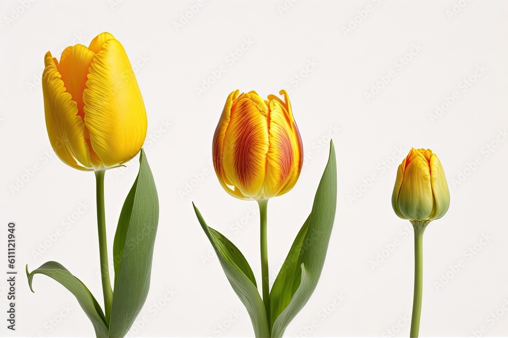 three yellow tulips with green leaves on a white background. Generative AI