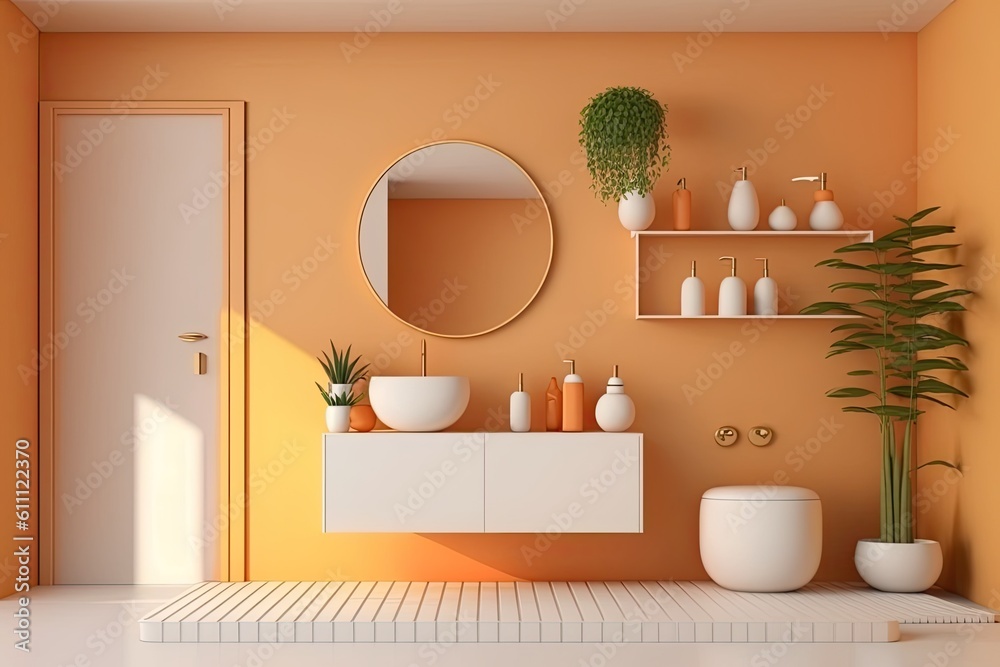 modern bathroom with vibrant orange walls and a sleek white sink. Generative AI