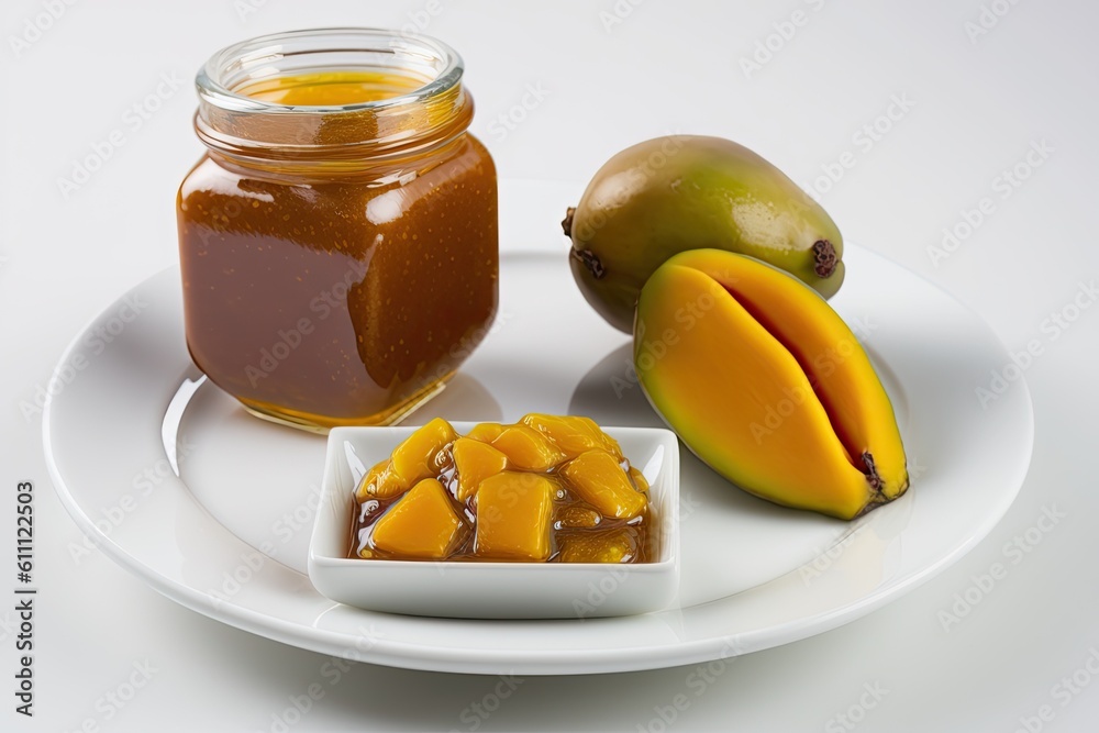 plate of sliced mangoes drizzled with honey. Generative AI