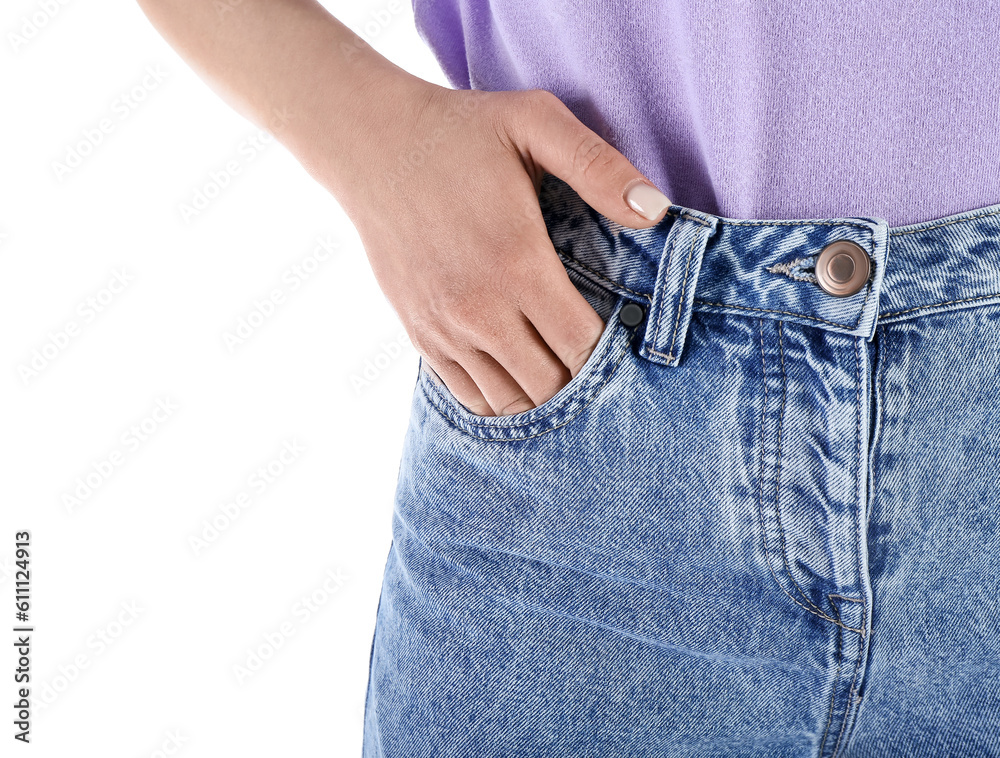 Young woman in stylish jeans on white background, closeup