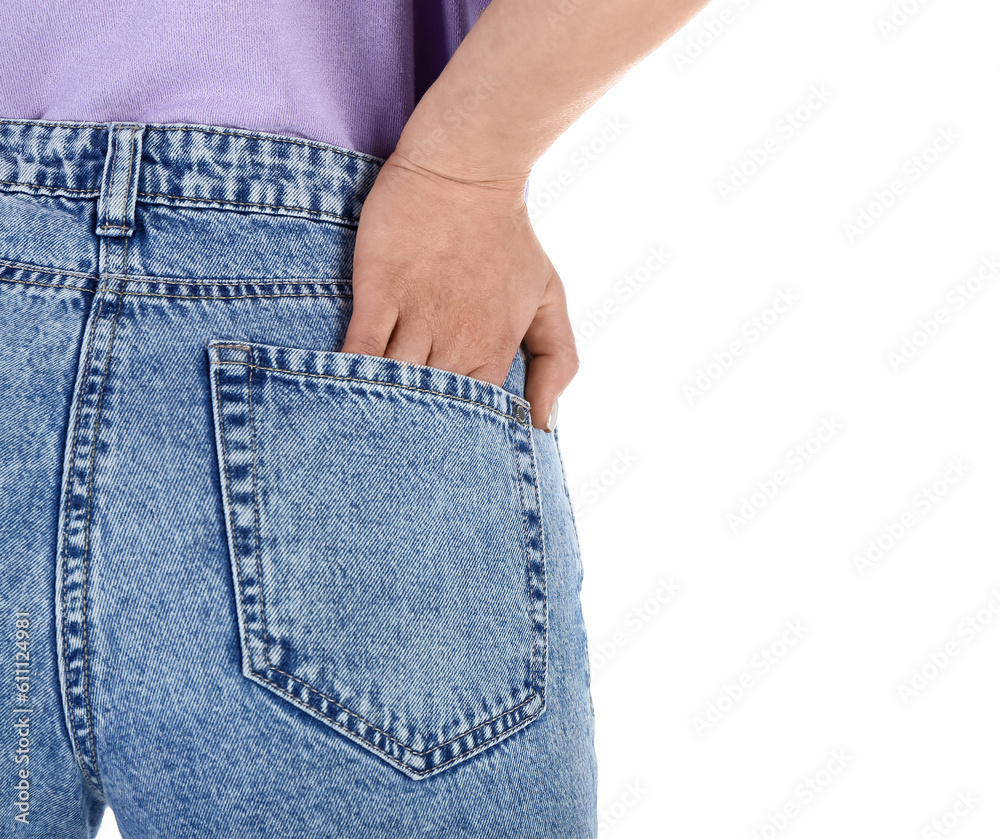 Young woman in stylish jeans on white background, back view