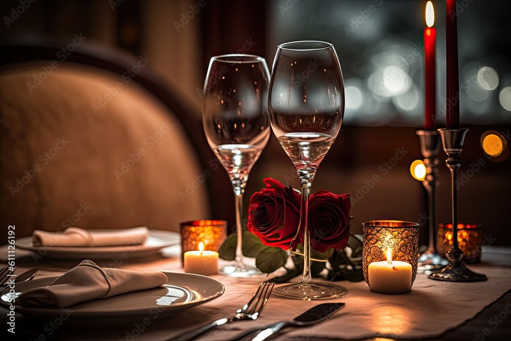 romantic table setting with candles and wine glasses for two. Generative AI