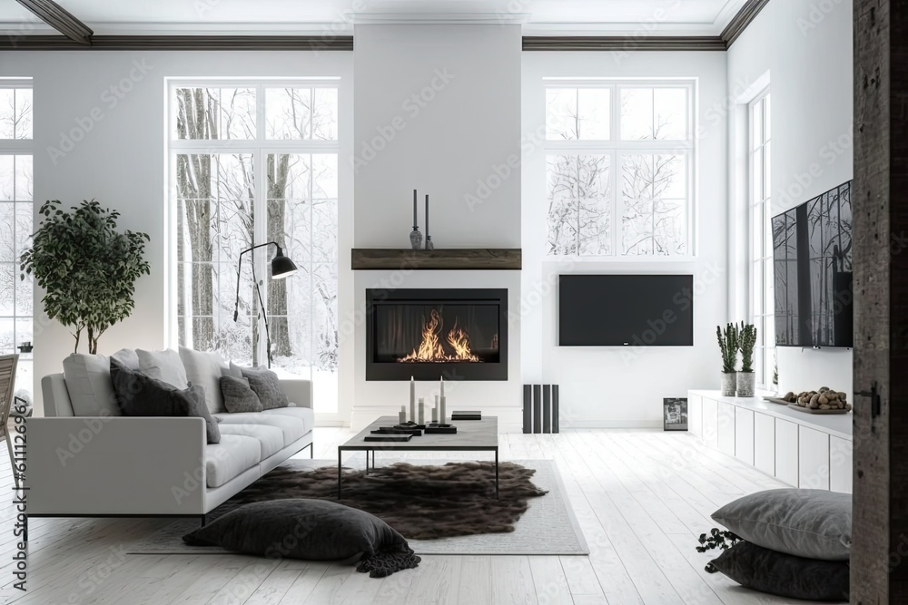 cozy white living room with a warm fireplace and comfortable couch. Generative AI