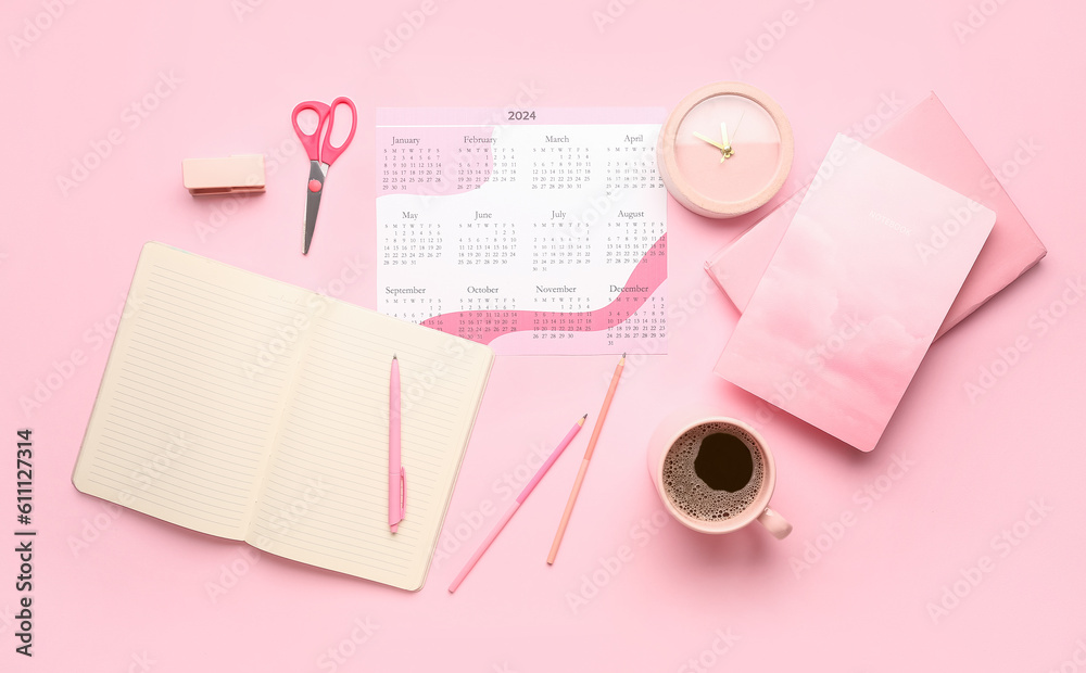 Composition with calendar, cup of coffee, alarm clock and stationary on pink background