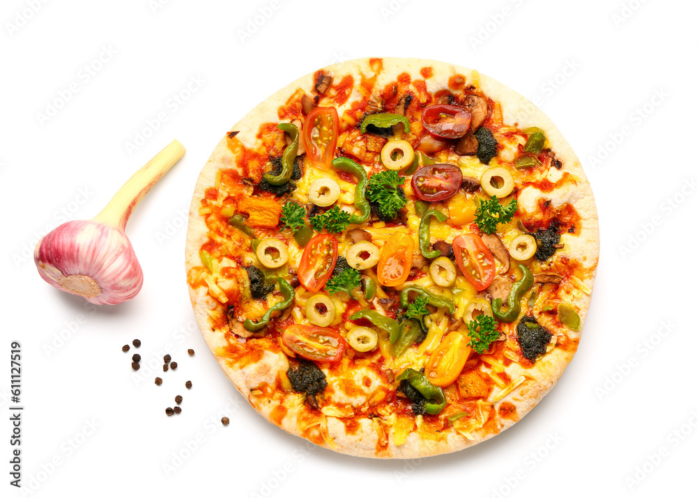 Vegetable pizza with garlic on white background