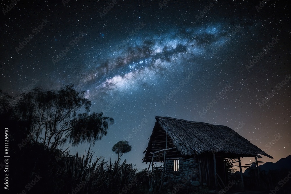 cozy cabin with a thatched roof under a starry night sky. Generative AI