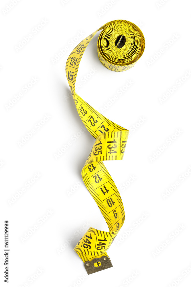 Yellow tape measure on white background