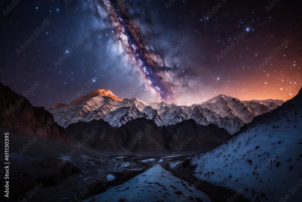 majestic mountain range under a starry night sky. Generative AI