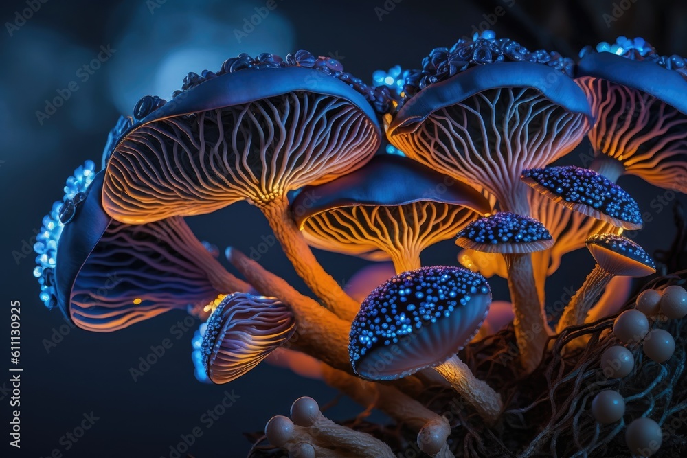 glowing mushrooms in a dark setting. Generative AI