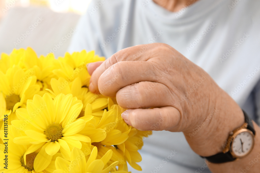 Senior woman with chrysanthemum flowers at home, closeup