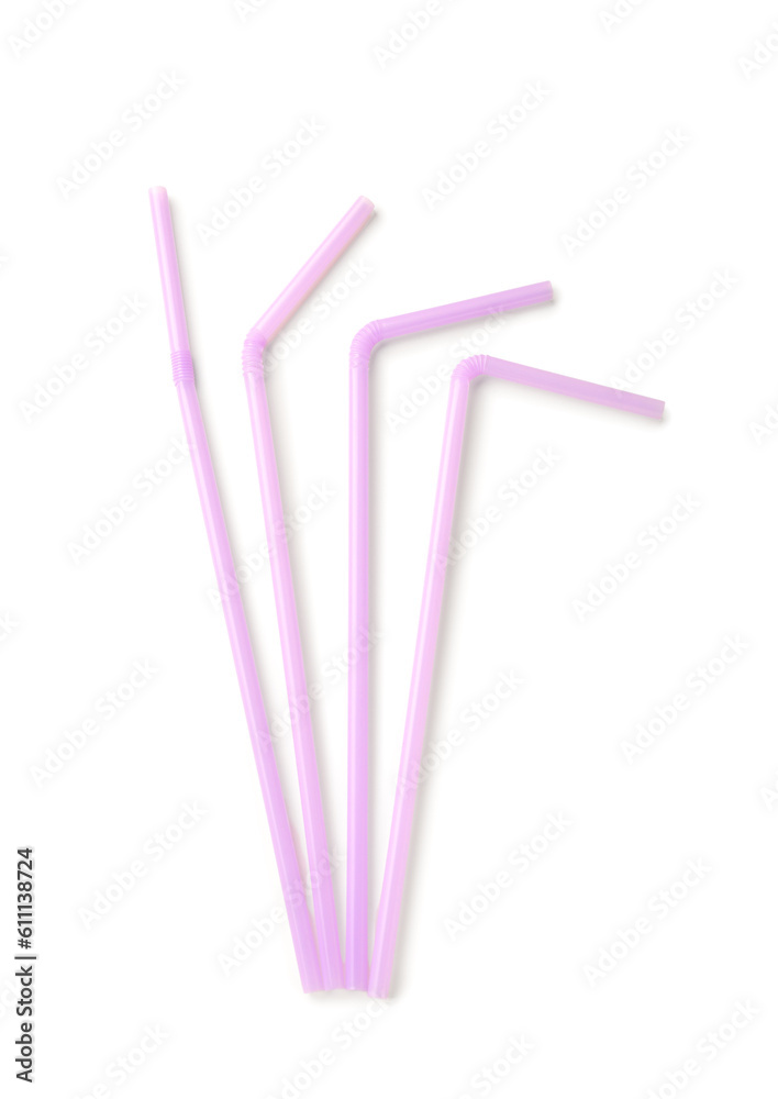 Purple plastic straws on white background