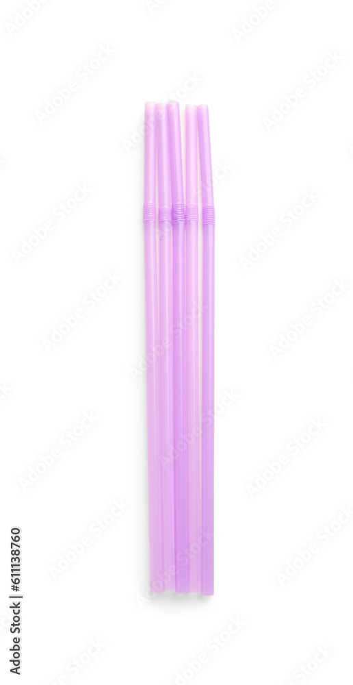 Purple plastic straws on white background