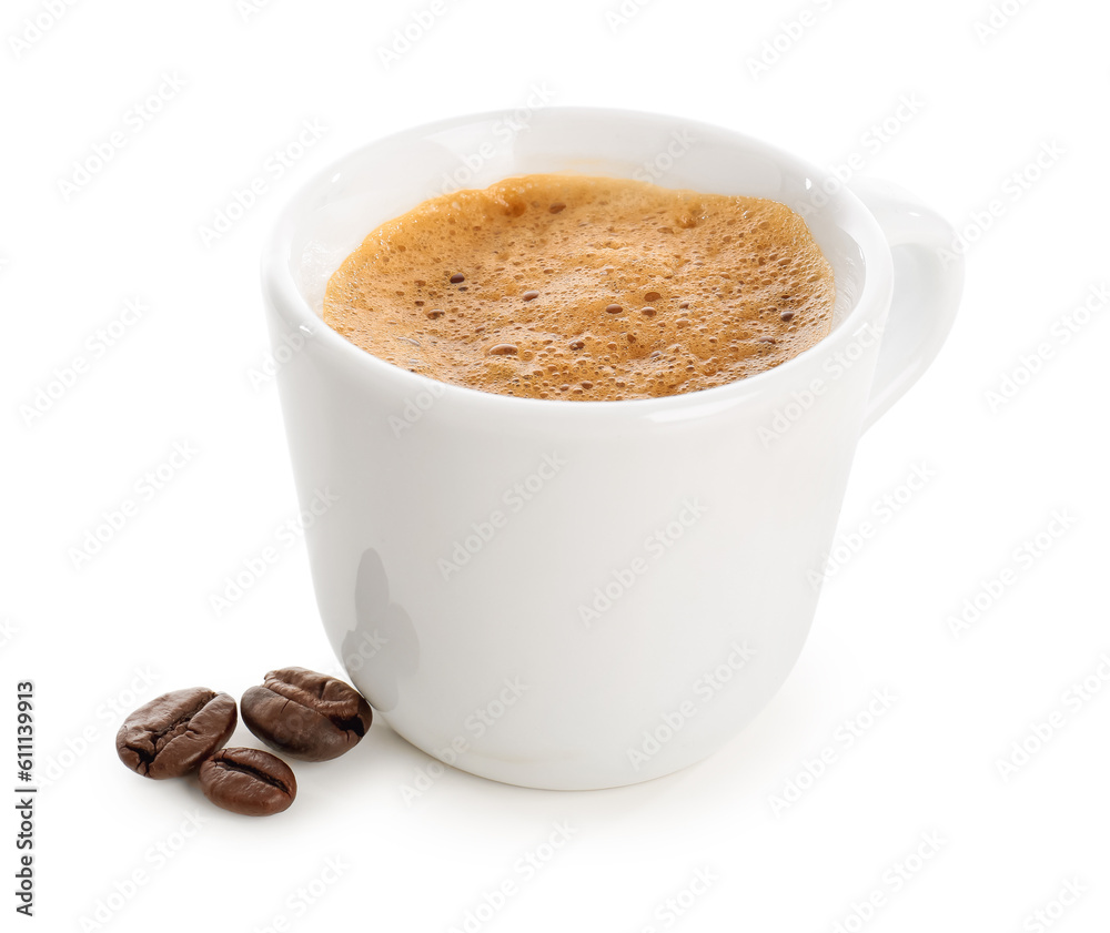 Cup of delicious espresso and coffee beans on white background