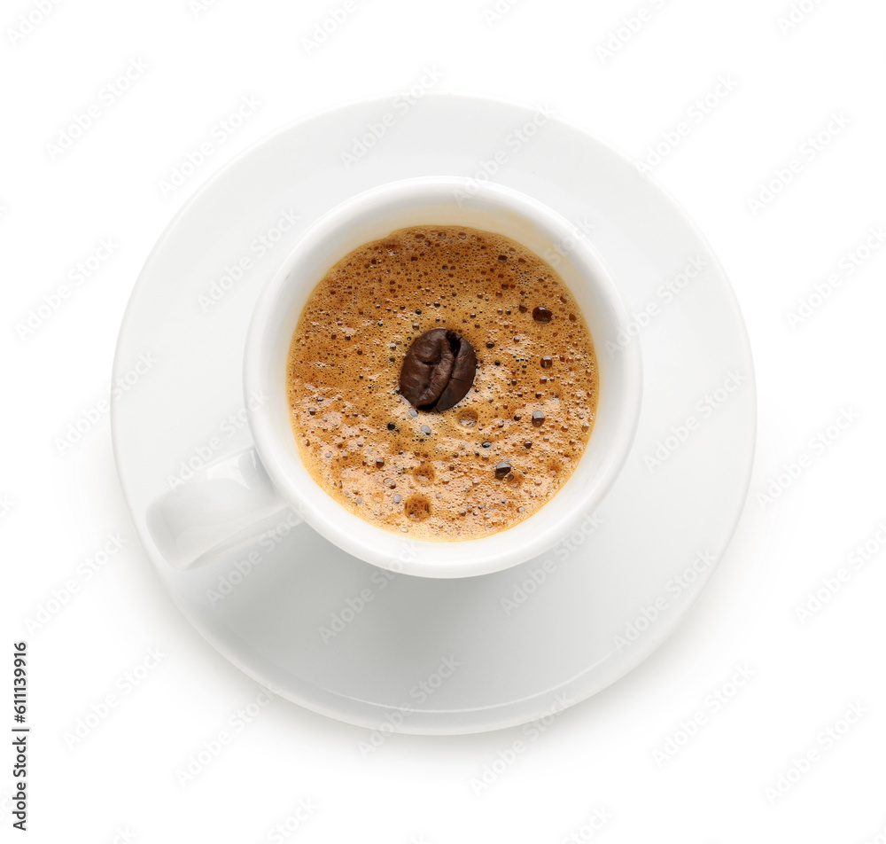 Cup of delicious espresso with coffee bean and saucer on white background