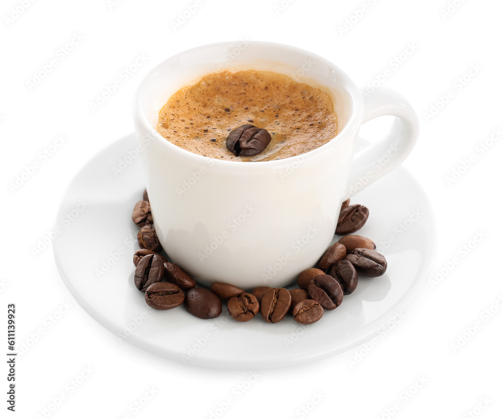 Cup of delicious espresso, coffee beans and saucer on white background