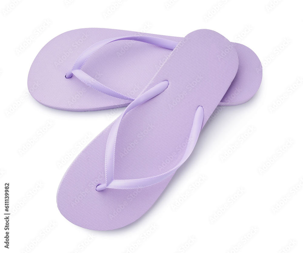 Pair of stylish lilac flip-flops on white background