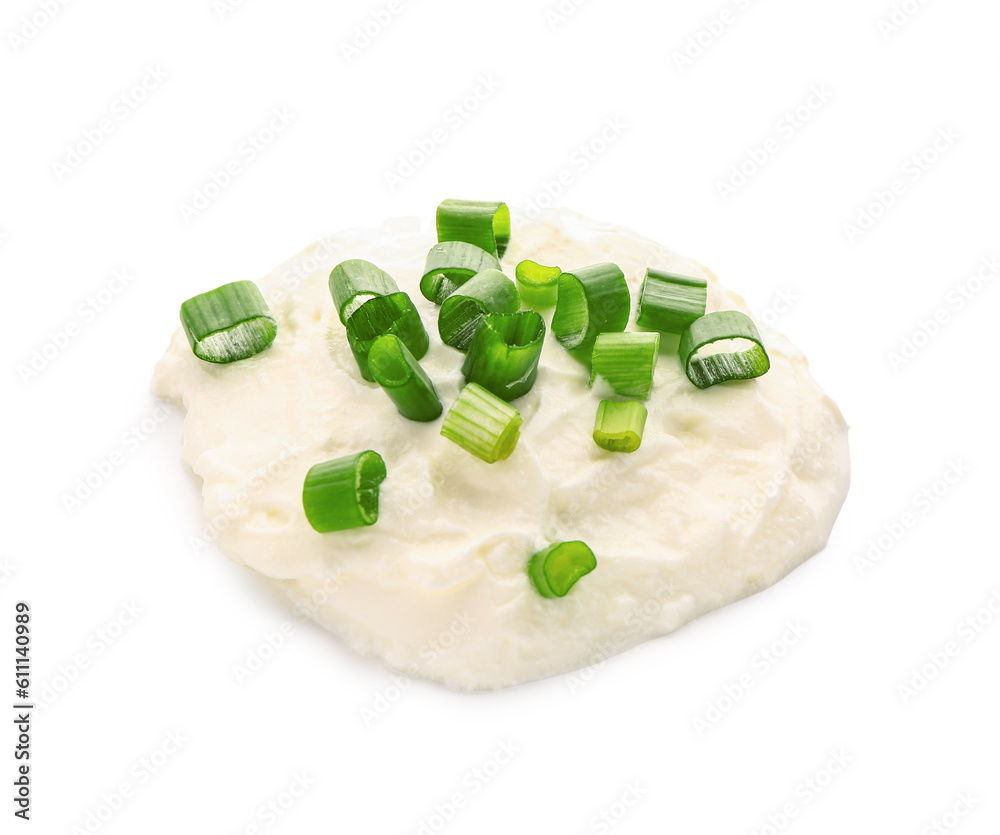 Tasty sour cream with sliced green onion on white background