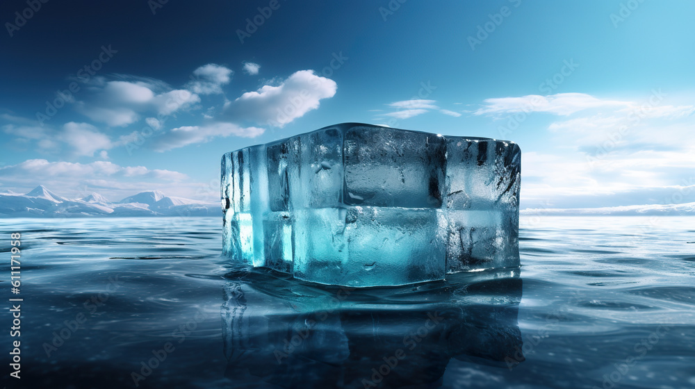 Blue ice floe in fresh ocean water on blue sky. Ice cube with water drops. The ice is melting. Reali