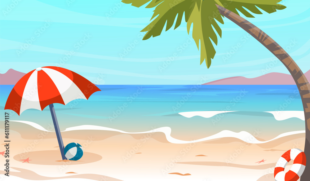 Summertime illustration. Sea waves rolling onto sandy beach. Umbrella, ball and palm on coast