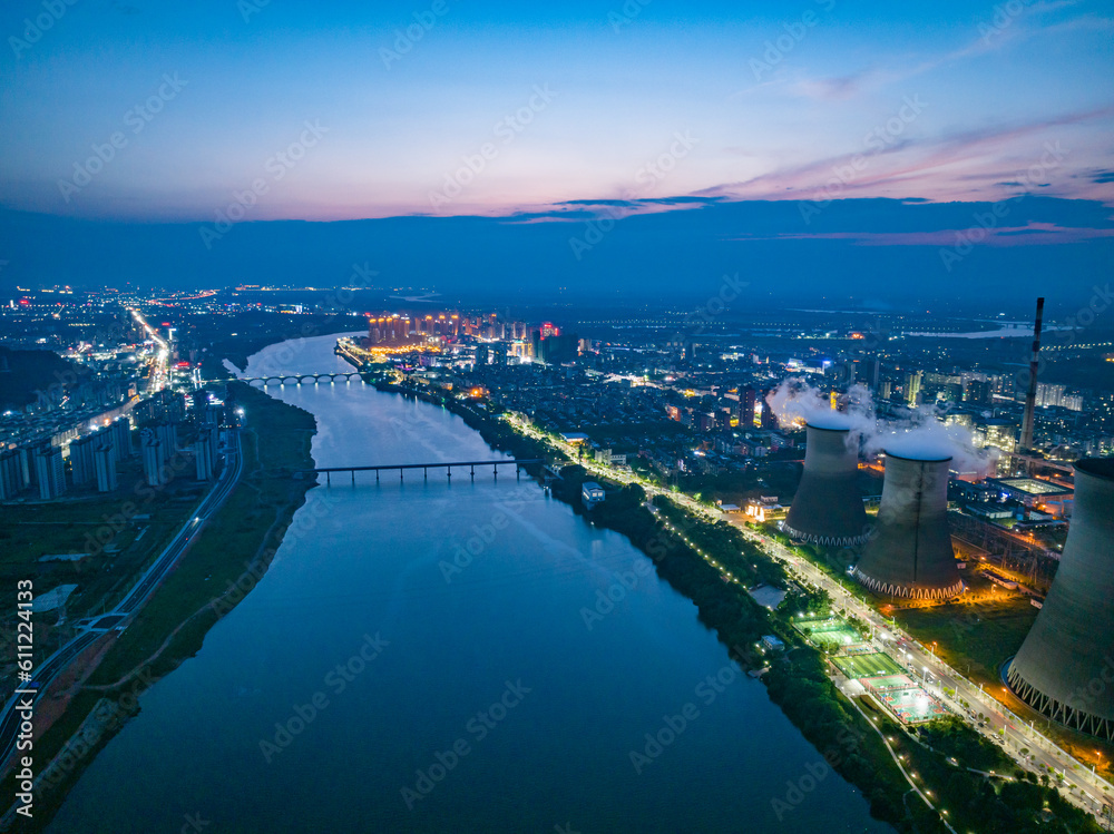 Thermal power plant night view, cooling tower