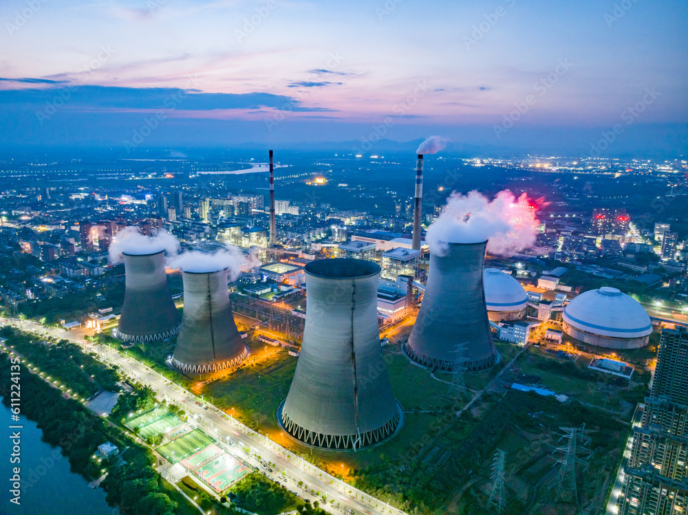 Thermal power plant night view, cooling tower