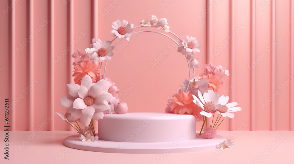 Podium with pink roses on pastel pink background to display products, gift or cosmetics. Generative 