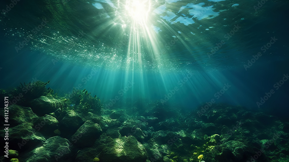 Underwater sunlight through the water surface seen from a rocky seabed with algae. Generative AI