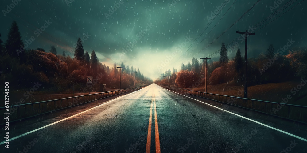 Minimalistic wet road and rain. Wet empty highway. Generative AI