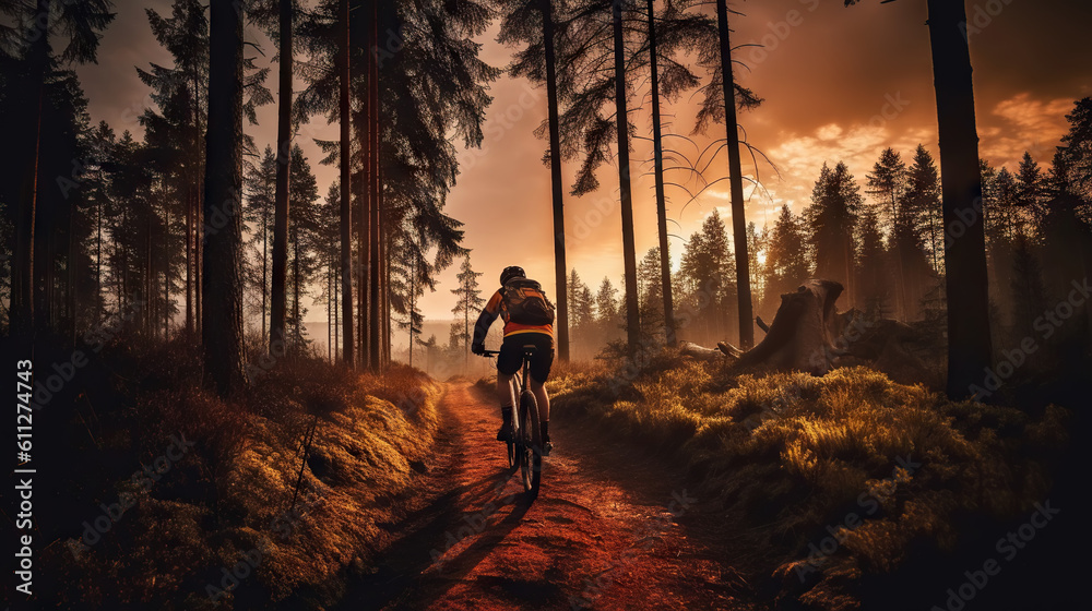 Mountain biker riding on bike in spring inspirational forest landscape. Man cycling on enduro trail 