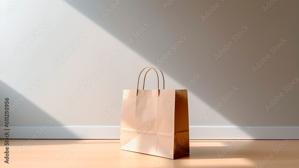 Paper shopping bag on the floor with white wall background. Mockup. Generative AI.