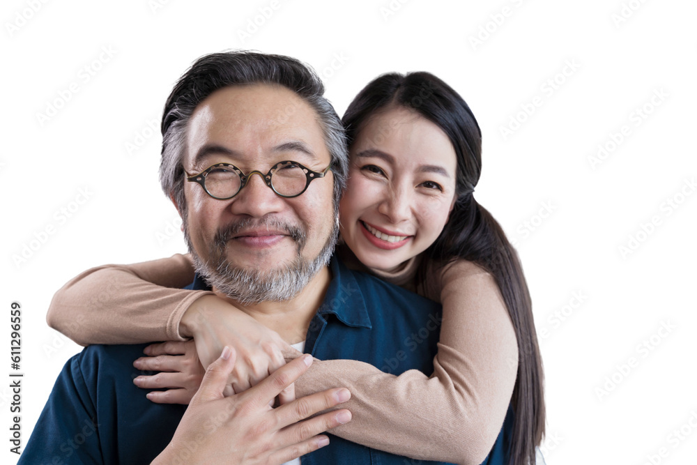 Middle-aged Asian couple smiling for the camera. Family couple portrait isolated white background, r