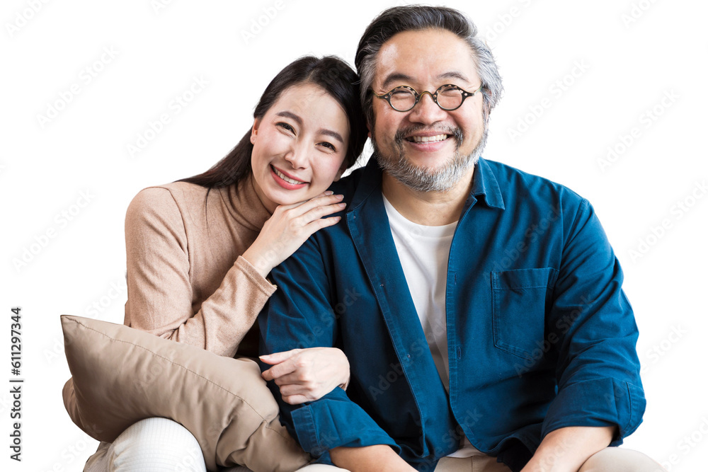 Middle-aged Asian couple smiling for the camera. Family couple portrait isolated white background, r