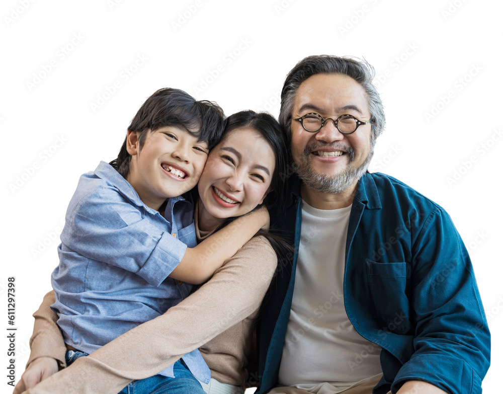 Portrait of happy Asian family spending time together . family and home concept.isolated white backg