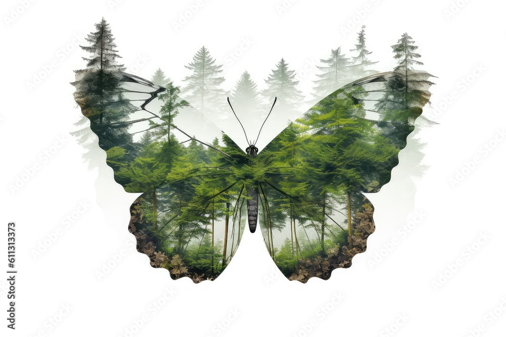 Forest in a butterfly double exposure illustration - Generative AI.