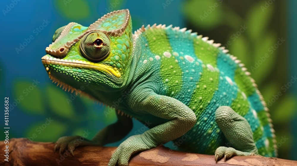 A green colored chameleon in nature. Generative Ai