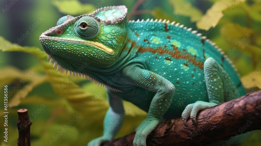 A green colored chameleon in nature. Generative Ai