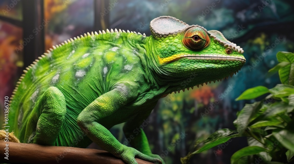 A green colored chameleon in nature. Generative Ai