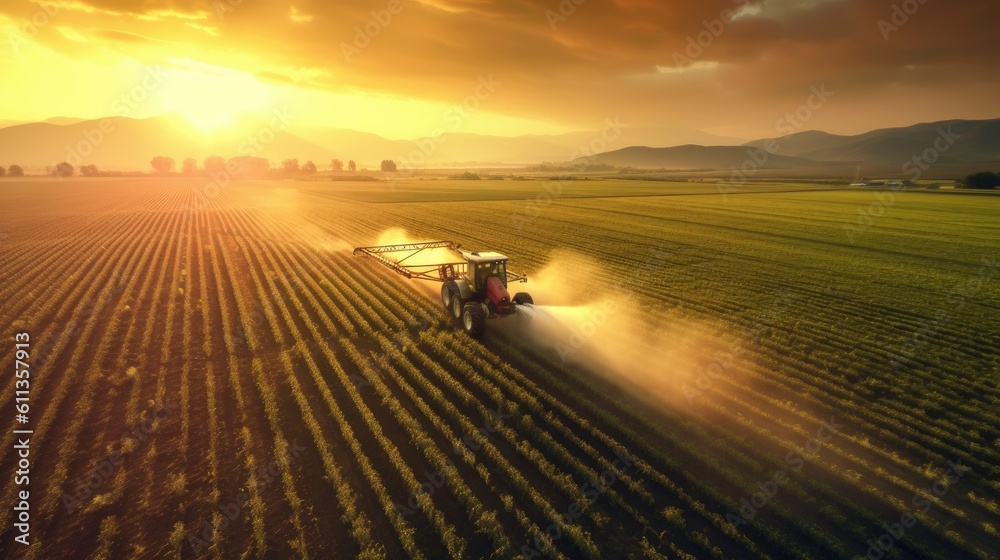 Aerial view of Tractor Spraying Pesticides on Green Soybean Plantation at Sunset. Generative Ai