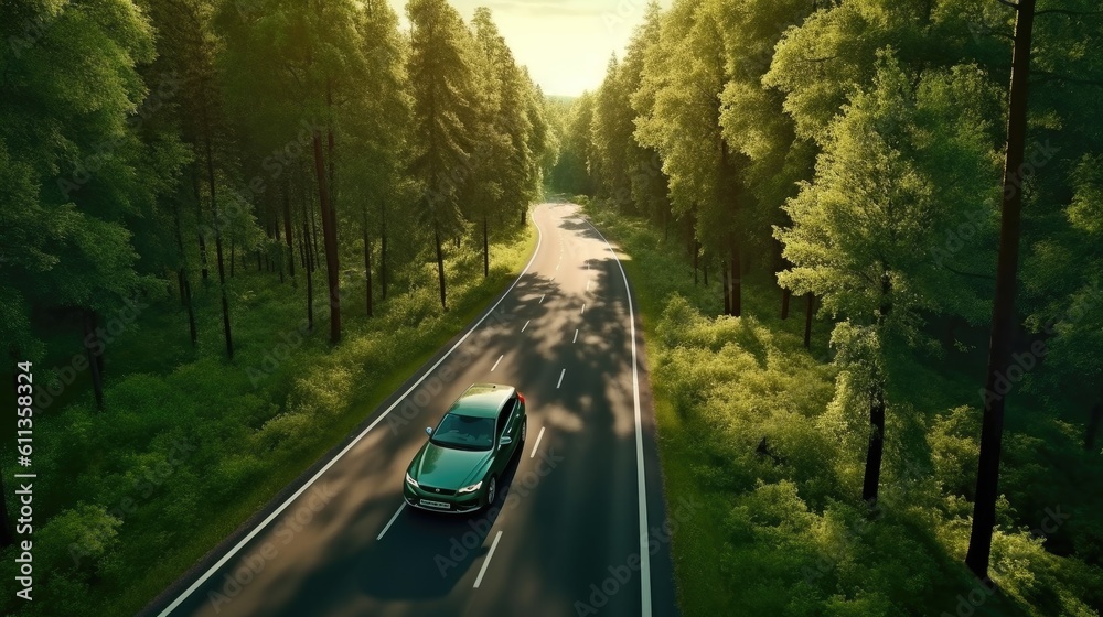 Aerial view of Electric car and EV electrical energy for environment, EV car on forest road. Ecosyst