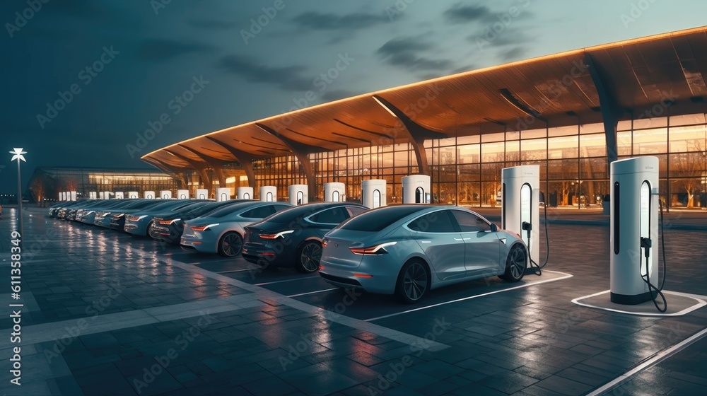 A line of electric cars charging at a public charging station. Concept car innovation. Generative A