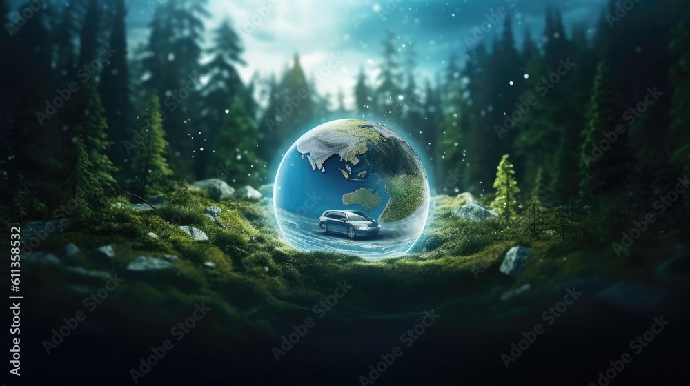 An Electric car energy for environment, EV car on forest road with earth planet going through forest