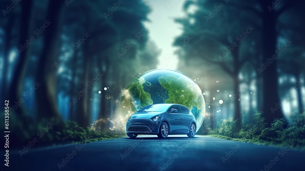 An Electric car energy for environment, EV car on forest road with earth planet going through forest